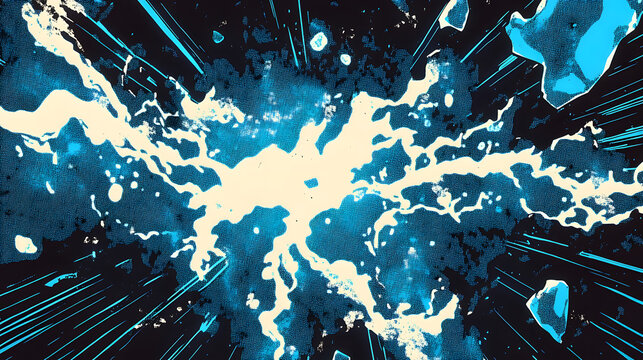 stream of blue lightning strikes, half vintage comic book pattern