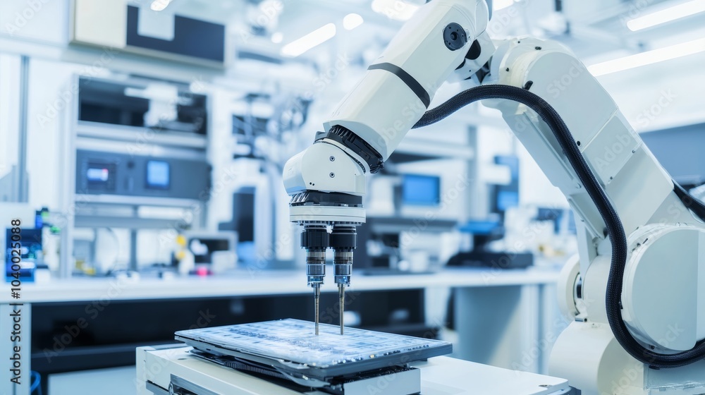 Fototapete A robot calibrating high-precision sensors in a futuristic aerospace testing lab with clean, organized calibration stations and advanced sensor technology, Aerospace sensor calibration tech style