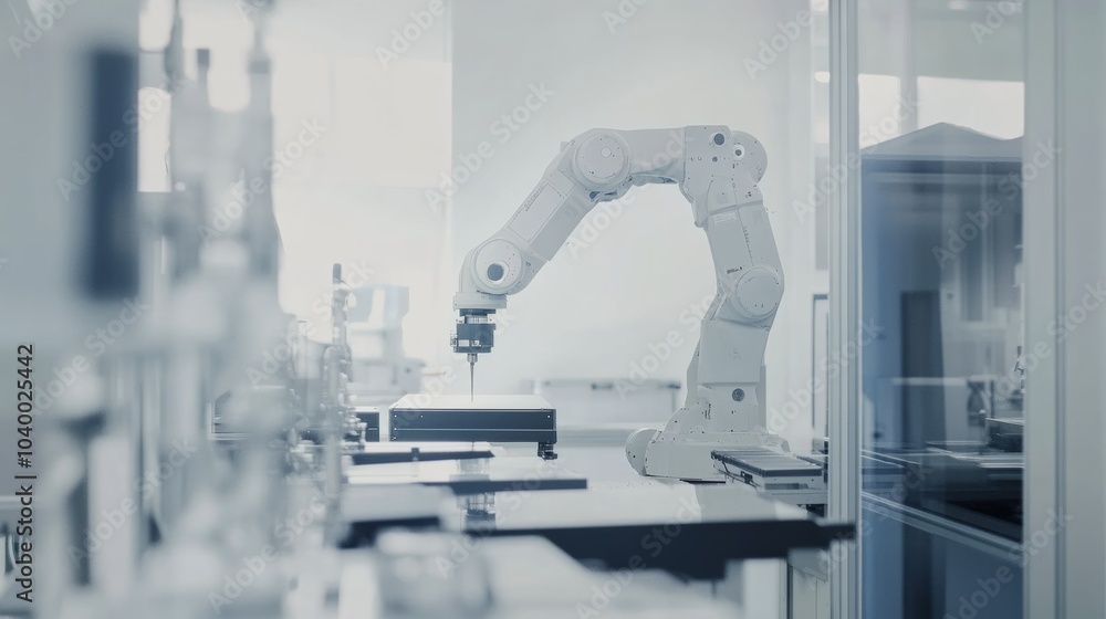 Aufkleber A robot calibrating high-precision sensors in a futuristic aerospace testing lab with clean, organized calibration stations and advanced sensor technology, Aerospace sensor calibration tech style