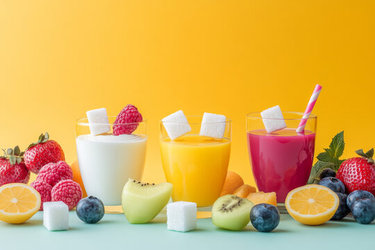 Glasses of colorful fruit smoothies with berries and sugar cubes, unhealthy concept of sugar harm
