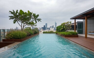 Obraz premium Rooftop pool and city view. Relaxing rooftop pool with a stunning view of the cityscape. The modern design and lush greenery create a tranquil oasis.