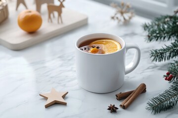 mockup a white ceramic mug filled with a spiced mulled wine or hot apple cider.a slice of orange
 Christmas, new year.