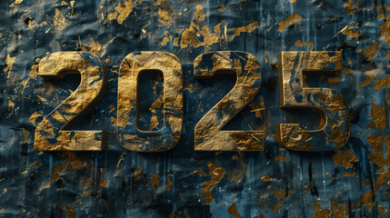 Graffiti numbers New Year 2025 on grungy wall with stars, concept of future and art