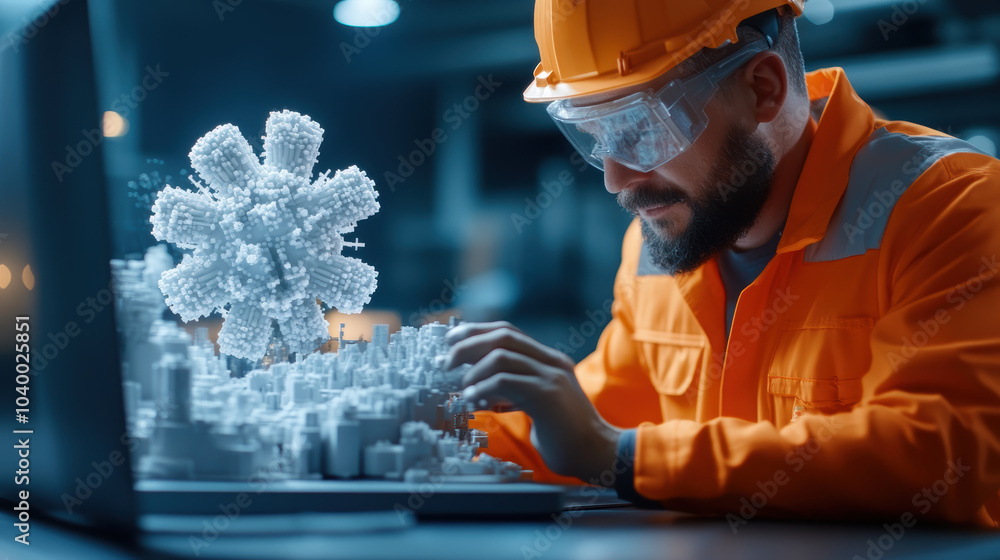 Poster engineers creating detailed 3d model of industrial landscape, showcasing innovation and precision. f