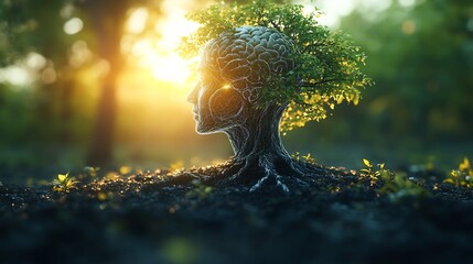 Natureinspired longevity visualization showing tree transforming into human anatomy representing the fusion of natural and technological elements in biohacking