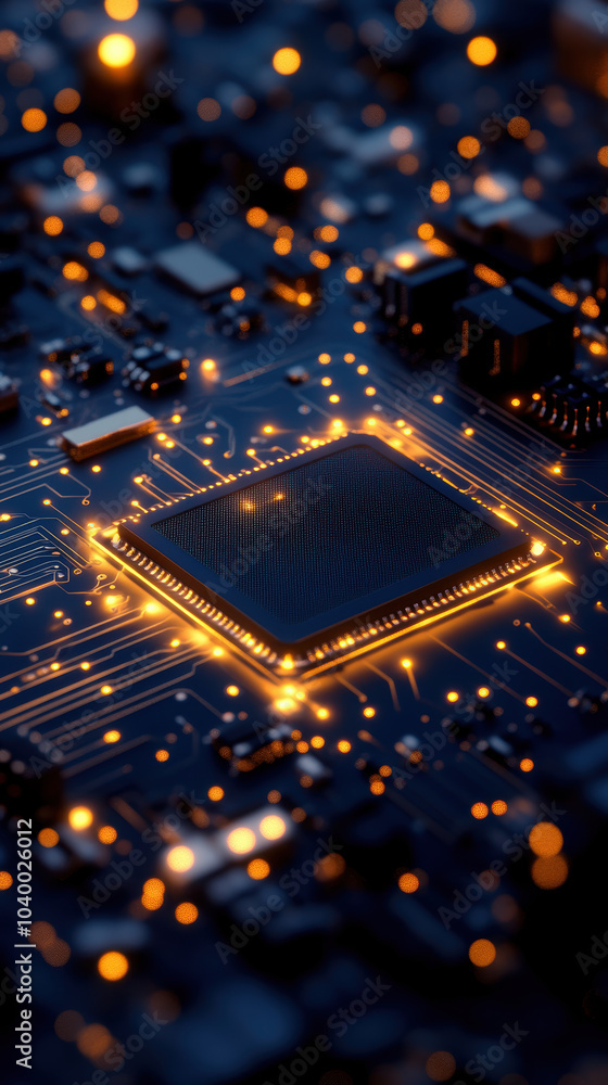 Aufkleber high tech circuit board with glowing microchip and intricate connections, showcasing advanced techno