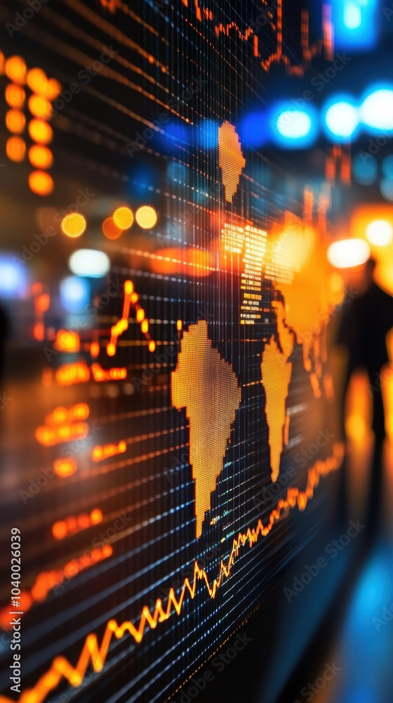 Poster dynamic global business trends are illustrated through vibrant graphs and data visualizations, showc