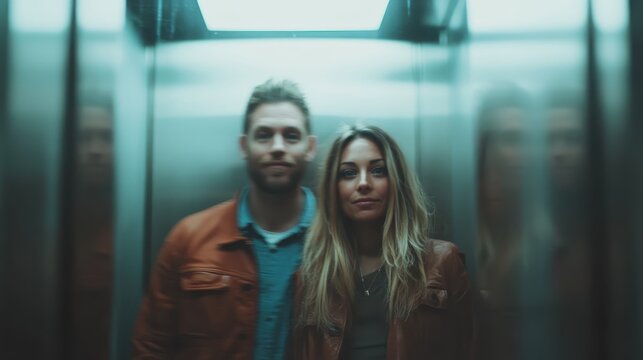 A man and woman stand close together inside an elevator, their reflections visible on the shiny walls. Their stylish attire complements the serene ambiance.
