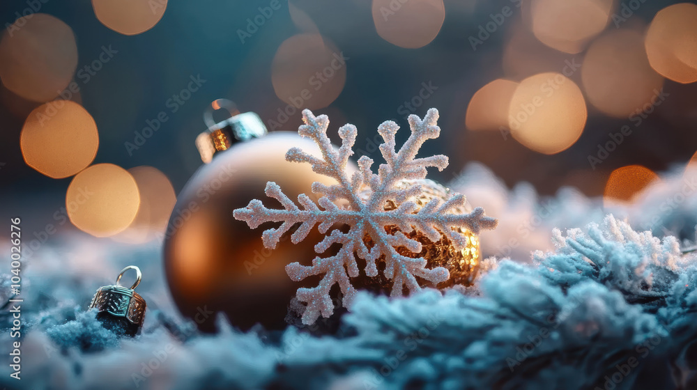 Poster close up of snowflake resting on christmas ornament, surrounded by soft snow and warm bokeh lights, 