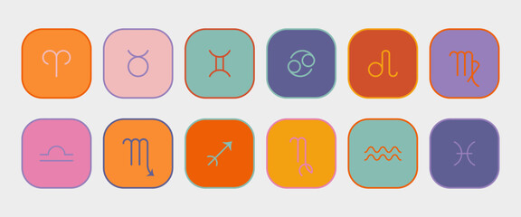 Set of icons with zodiac signs in retro colors. Colorful vector symbols for astrological projects, digital design, apps, branding, or print materials