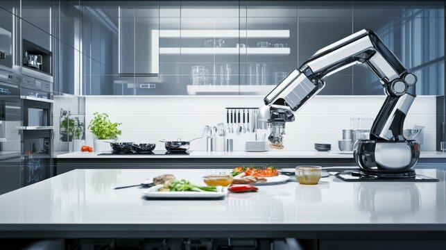 A robot chef preparing gourmet dishes in a high-end kitchen with polished countertops and modern appliances, Culinary tech style, photo of