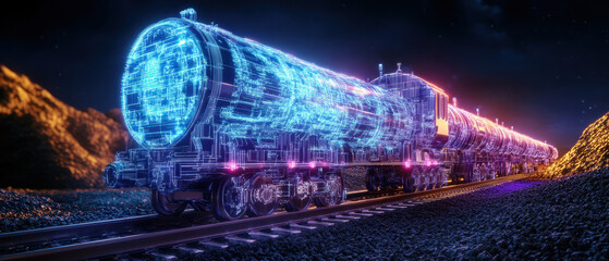 futuristic digital representation of train transporting fuel, showcasing advanced technology and glowing holographic elements. scene captures essence of innovation in transportation