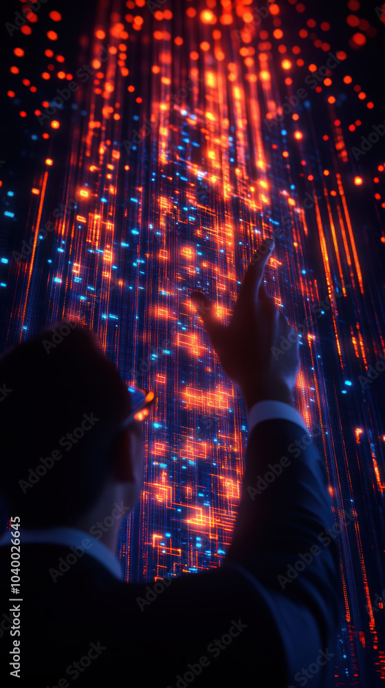 Poster innovative technology visualization with person interacting with vibrant data streams. scene capture