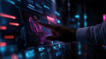 Businessman working with holographic dashboard analysing finance sales data, business growth graph chart and block chain technology.