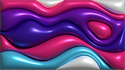 Dynamic 3D abstract wavy background, inflated balloon like forms in blue and purple colors, fluid shapes create a sense of motion and depth
