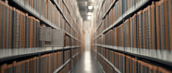 Fototapeta premium Rows of organized files in a modern archive, focused perspective view.