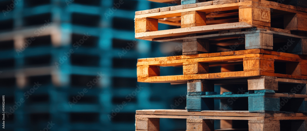 Poster stacked pallets in large distribution center create efficient storage solution, showcasing organized