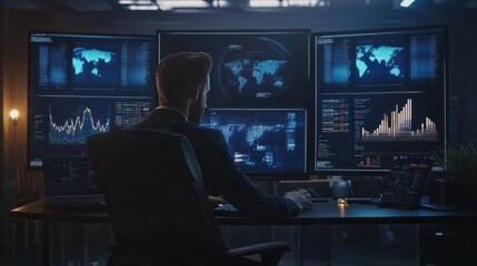 Obraz premium Businessman working with holographic dashboard analysing finance sales data, business growth graph chart and block chain technology.