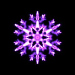 purple, violet glowing transparent snowflake, isolated. Merry Christmas and Happy New Year. Simple neon light. Shining winter, xmas lamp. Fluorescent, luminescent illumination.