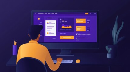 Landing Page Analysis, expert evaluating design and user interaction on a computer, enhancing digital experiences through detailed assessment