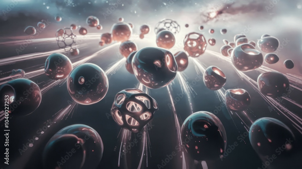Poster abstract sphere galaxy. a mesmerizing image of abstract spheres floating in a galaxy, representing t
