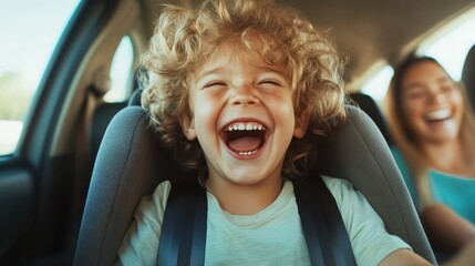 A joyful young child with curly hair is captured in the backseat of a car, laughing heartily, capturing a moment of pure happiness and vitality while traveling.