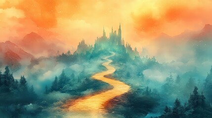 Fototapeta premium whimsical watercolor landscape featuring a serpentine golden road leading towards a dreamlike emerald city enveloped in soft pastel clouds and shimmering ethereal light