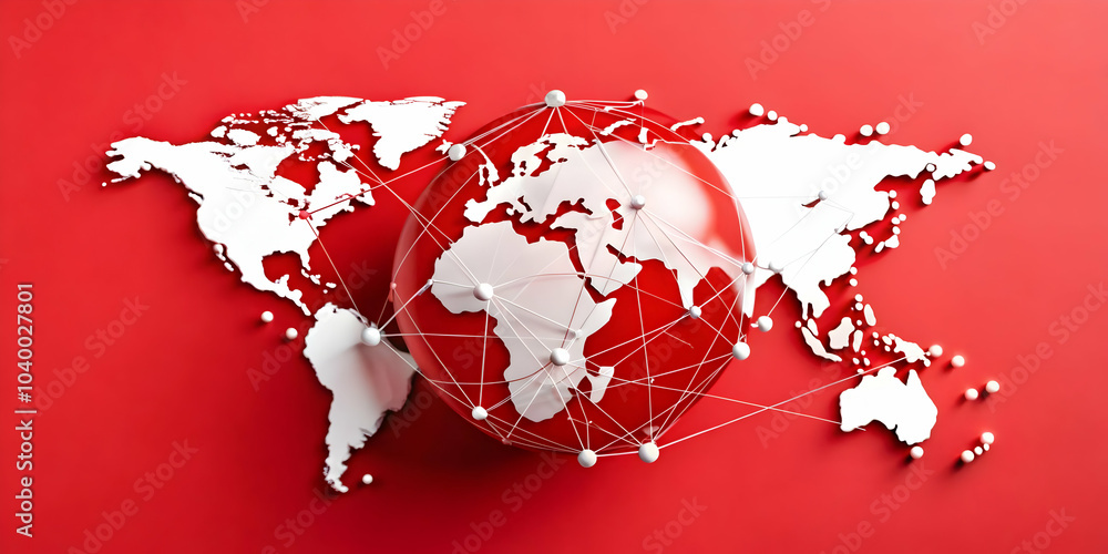 Poster stylized globe with network nodes on plain red background for smart city connectivity - minimalist d