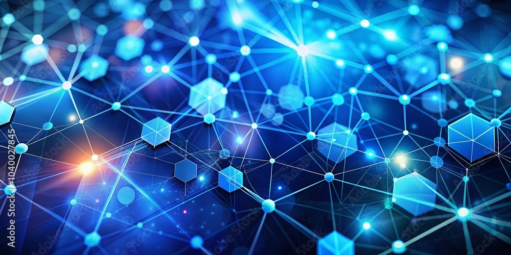 Poster hexagonal network connection on blue technology background with bokeh effect for innovation and mode