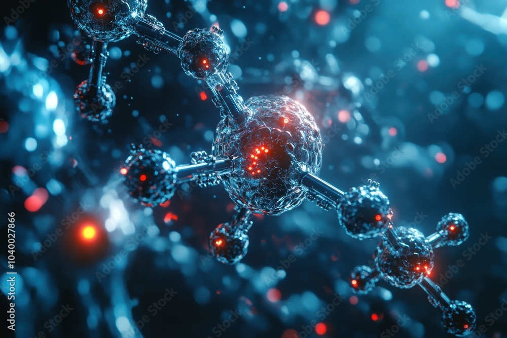 Poster exploring the intricate structure of molecules under a microscopic lens in a vibrant environment