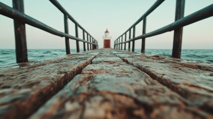 A low-angle shot captures the texture of a timeworn pier leading towards a distant lighthouse, with vast sea surrounding symbolizing exploration and nostalgia.