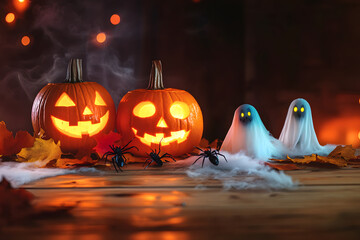 Happy Halloween! Glowing Jack o lantern, glowing ghosts, pumpkin and spiders on table in evening. Spooky atmospheric halloween decorations, space for text