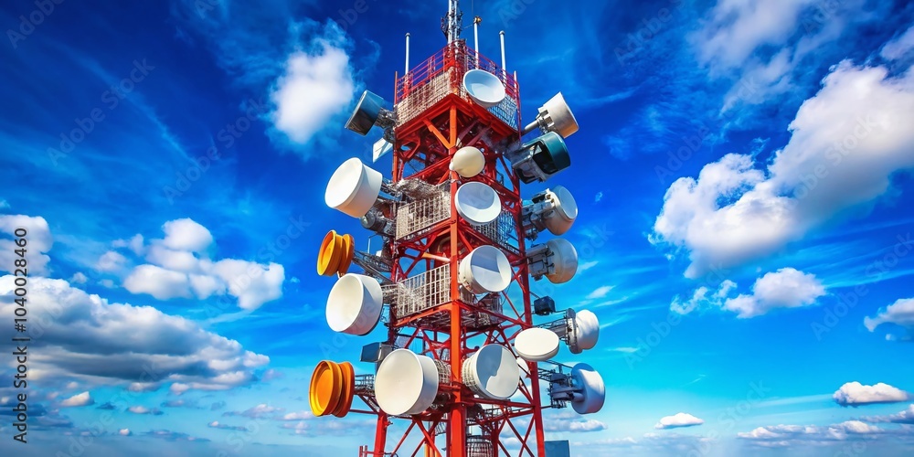 Poster high depth of field image of telecom tower with antennas and satellites transmitting cellular signal