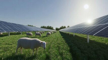 Field of photovoltaic panels, the ground is green, sheep are grazing underneath, solar energy and nature