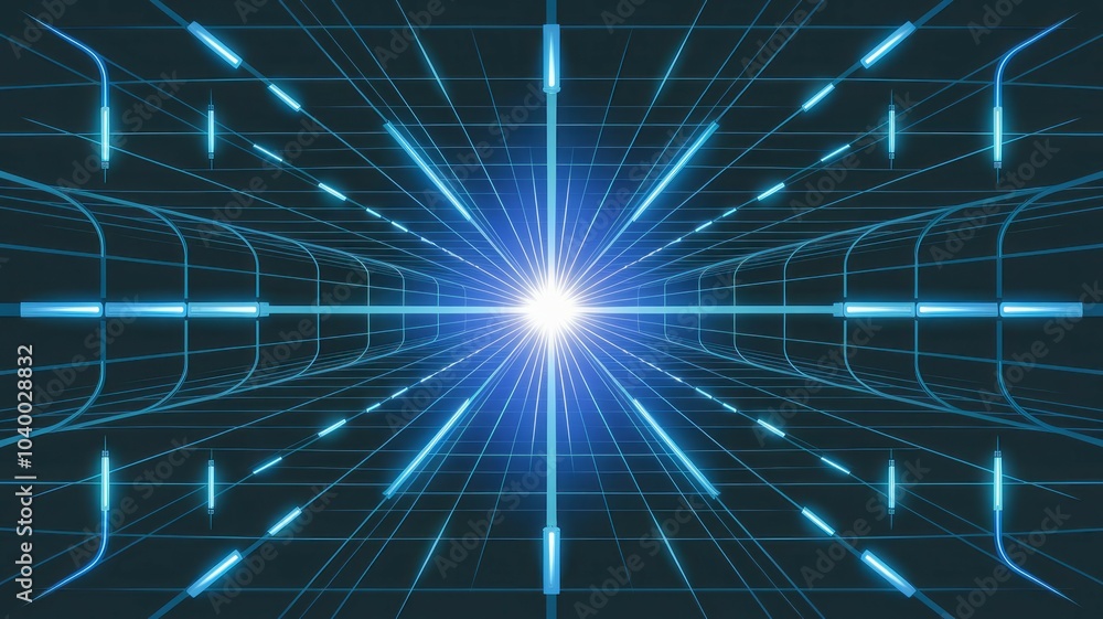 Poster digital grid tunnel. a digital tunnel made of glowing lines, symbolizing a journey into the unknown 