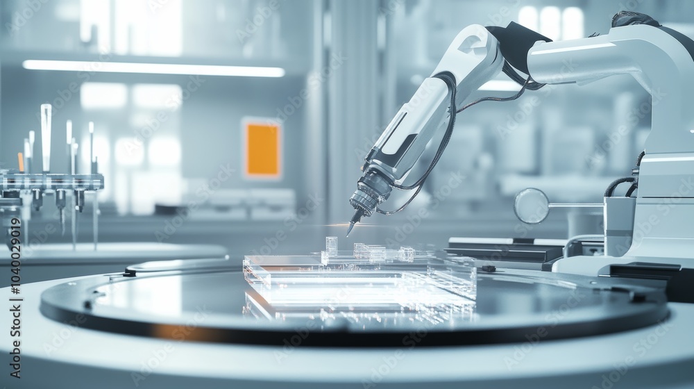 Aufkleber A robot conducting advanced material testing in a futuristic materials science lab with specialized equipment, clean and precise environment, Materials-tech style