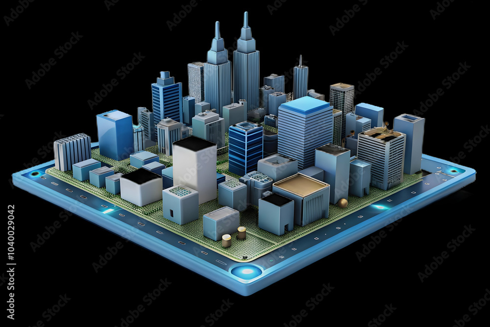 Poster close up circuit board city skyline macro image urban centers global data network composition ample 