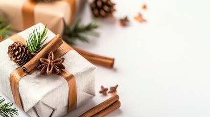 Festively wrapped gifts adorned with pinecones and cinnamon sticks, perfect for celebrating seasonal holidays.