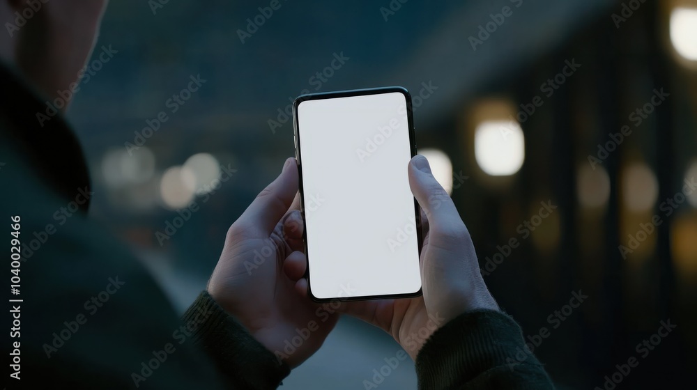 Poster close up view of a man using blank screen smartphone