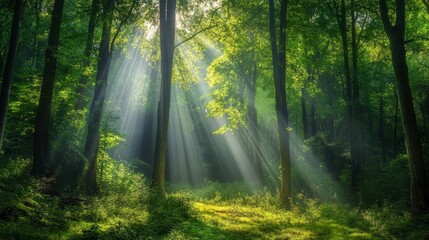 The view of the forest with tall green trees and sunlight streaming through the canopy creates a peaceful and pleasant atmosphere.