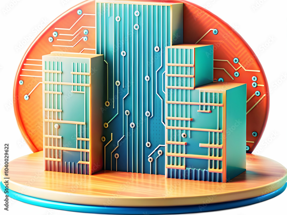 Poster glossy building silhouette circuit pattern plain background integration technology smart cities mark