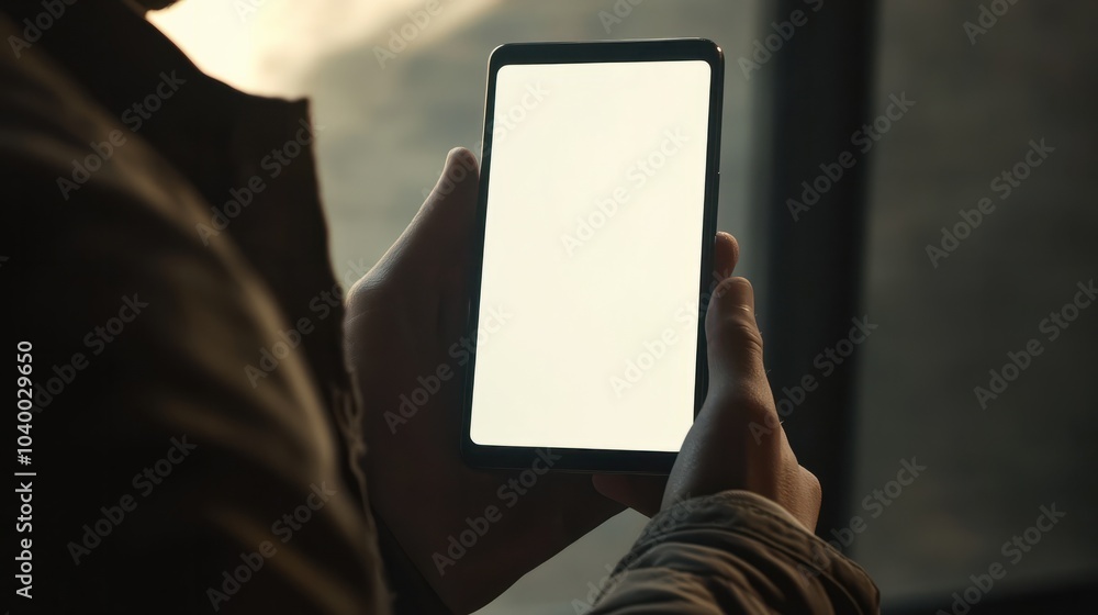 Poster Close up view of a man using blank screen smartphone