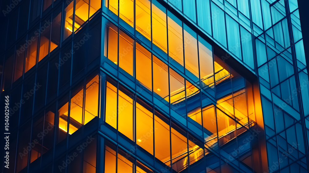 Poster a building with a staircase and windows lit up in yellow the building is tall and has a modern desig