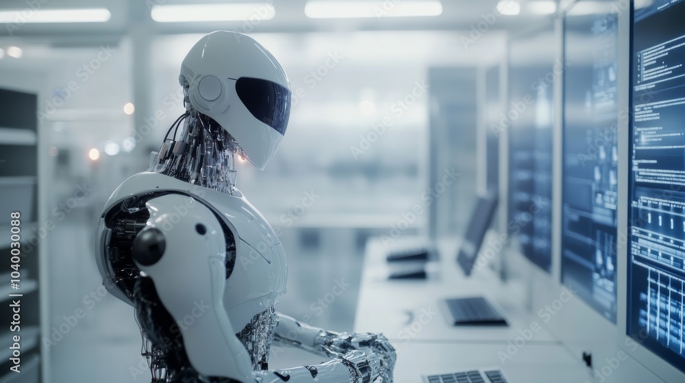 Poster A robot conducting advanced research in a clean, futuristic quantum computing lab with organized workstations and sophisticated quantum processors, Quantum computing tech style