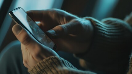 close up. hand hold mobile cell phone device:focus on man play on smartphone concept