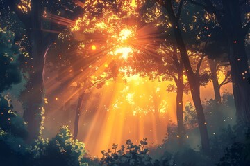 Obraz premium Enchanted Forest Bathed in Golden Sunlight