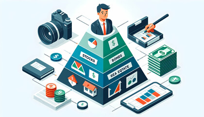Flat Investment Portfolio Pyramid Graphic Isolated Vector Illustration 3D Asset Classes Stocks Bonds Real Estate Infographics Asset Allocation Risk Management Diversification Smart Business Tone