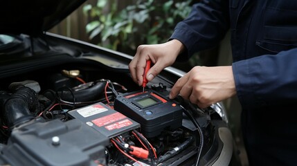 Mechanic Testing Car Battery with Digital Meter