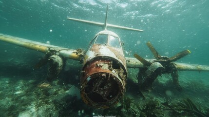 A vintage airplane lies underwater, its body coated with rust and coral, suggesting tales of the past in a serene underwater graveyard of history.