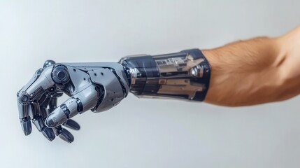 A realistic robotic prosthetic arm is showcased on a human limb, highlighting its intricate design and mechanics. The arm demonstrates modern technologys capability to restore function and enhance qua